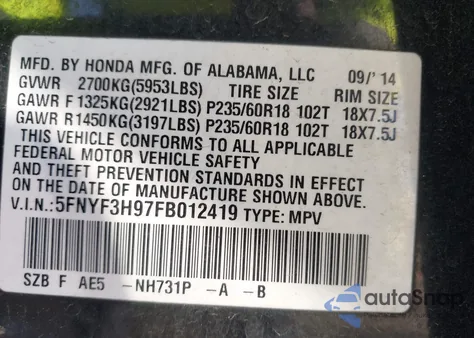 2015 Honda Pilot Touring z USA, uszkodzony, nr VIN 5FNYF3H97FB012419